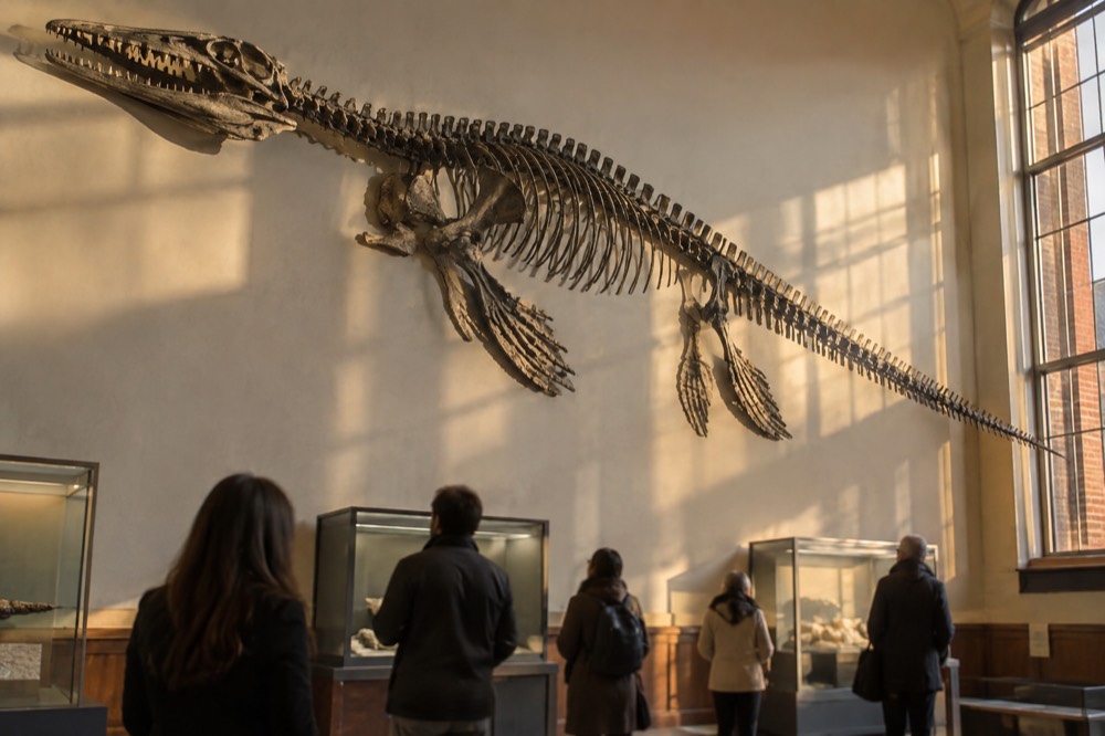 A long fossil skeleton of a marine reptile mounted on a wall above a gallery floor with visitors looking up
