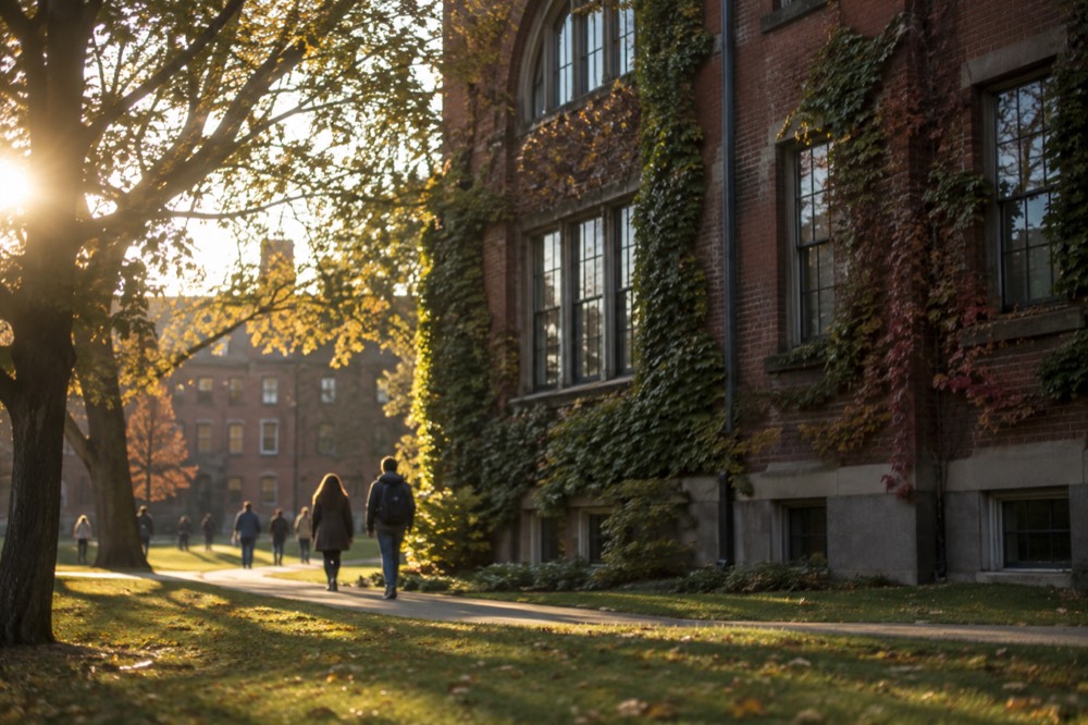 A historic brick university quadrangle with students crossing a lawn between ivy-covered buildings