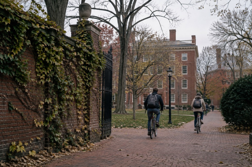 Students bicycling past a ivy covered brick wall beside a Harvard Yard gate