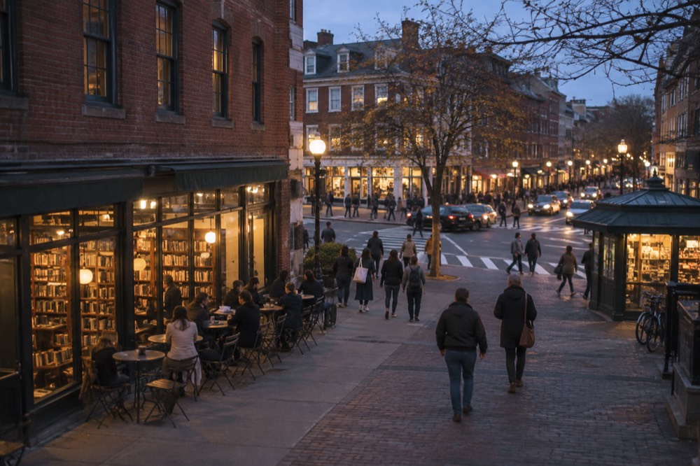 Busy sidewalk in Harvard Square with a red brick bookstore and outdoor cafe tables