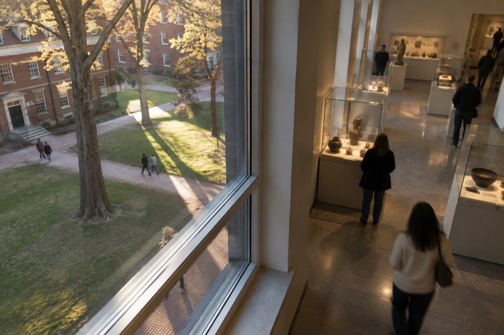 Interior of a bright museum gallery with glass display cases and visitors viewing exhibits