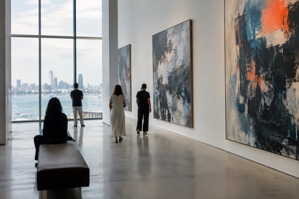 Visitors viewing large contemporary paintings in a bright gallery hall