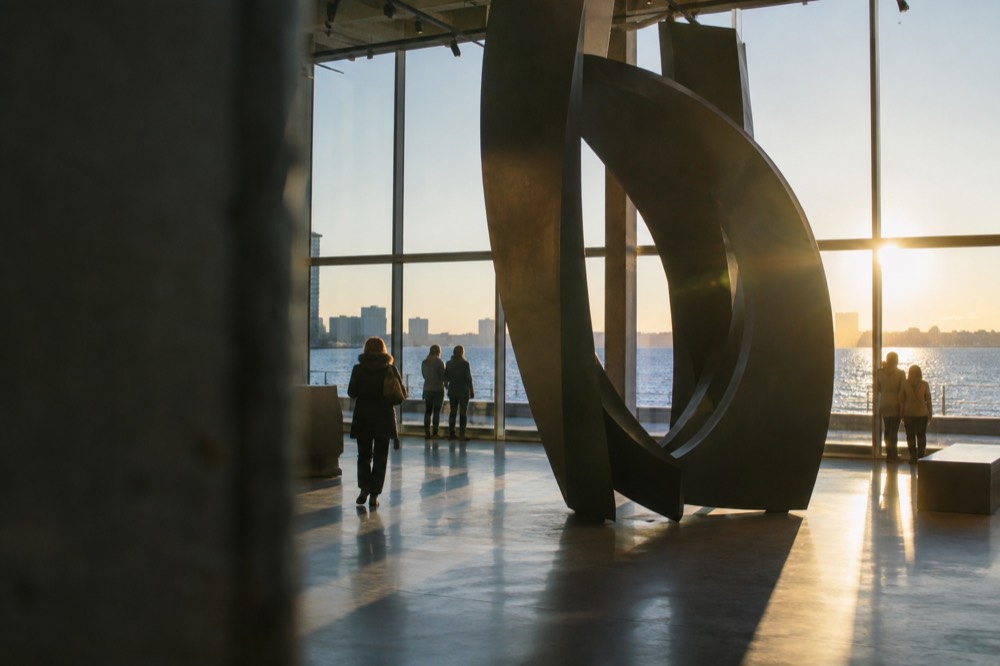 A large sculpture displayed in an open industrial gallery space