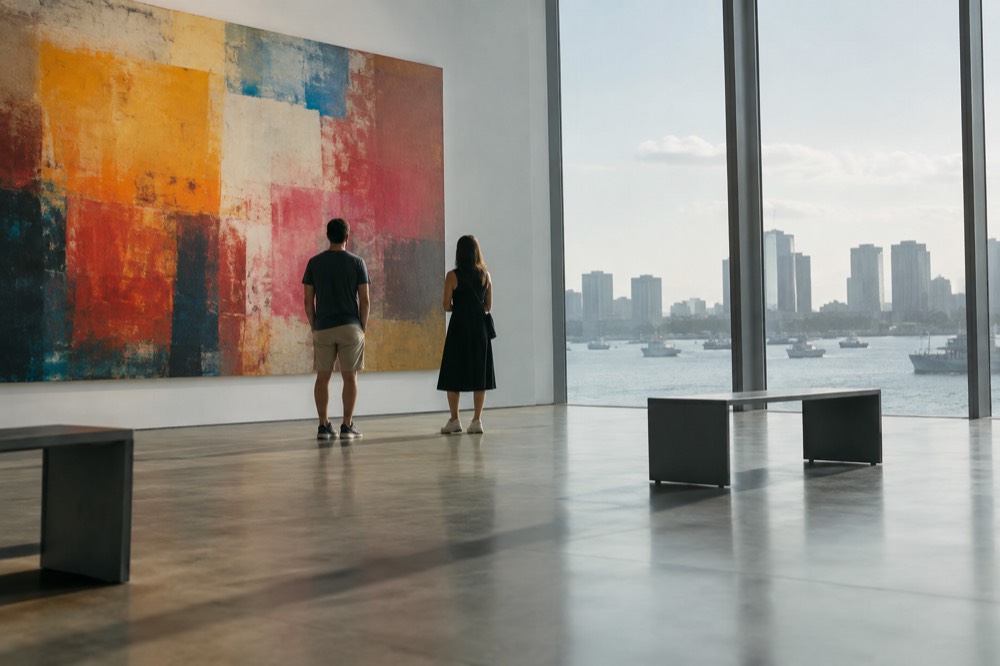 Two visitors standing in front of a colorful abstract artwork