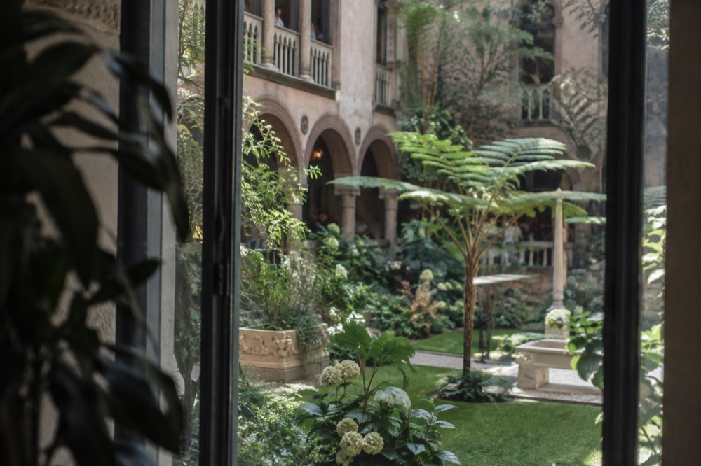 A sunlit museum courtyard garden seen through glass, with stone arches and green plants
