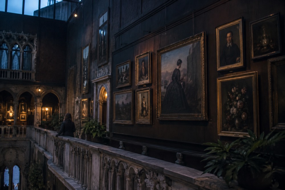 Paintings hung closely together on a dark wood gallery wall above a decorative stone balcony