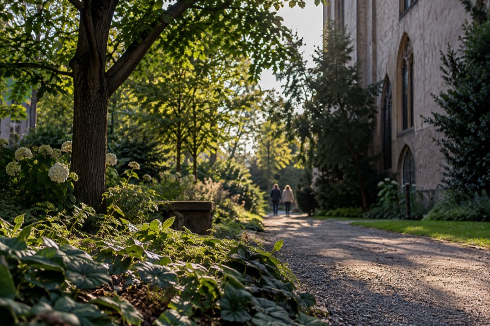 A quiet green park path with trees near a museum building in Boston
