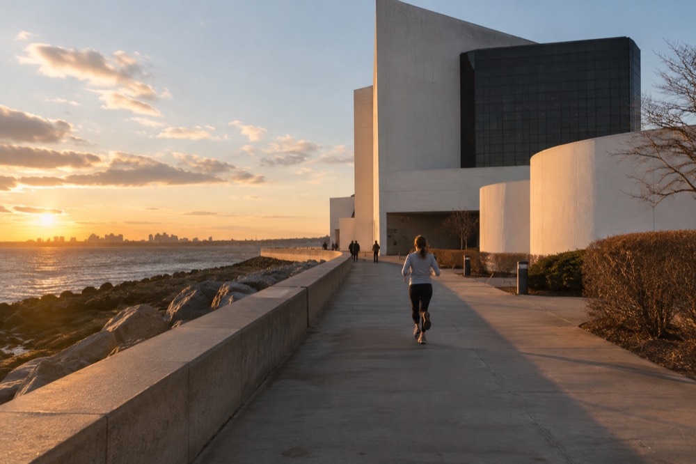 White modernist museum building on a point of land overlooking the water