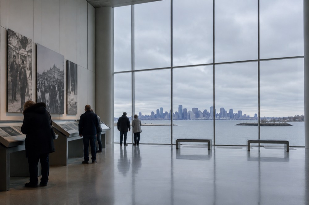 Visitors reading display panels in a bright museum gallery