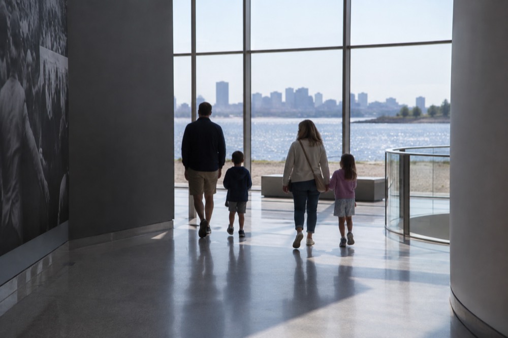 Family with two children walking through a museum corridor