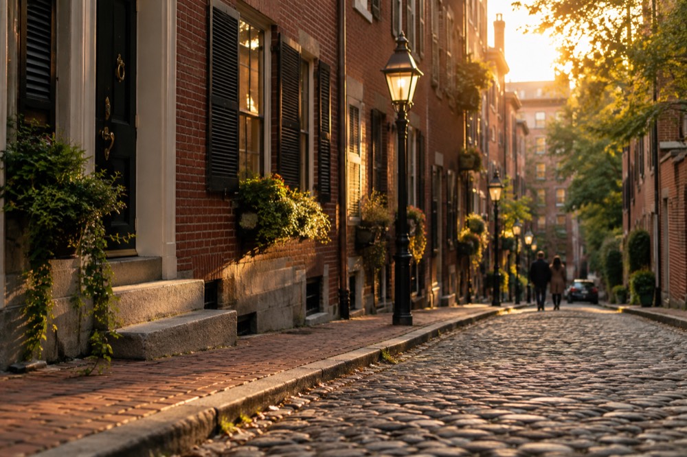 Rowhouses and brick sidewalks on a narrow Beacon Hill street