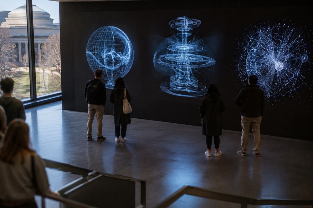 Visitors examining a wall of illuminated holographic images in a darkened gallery