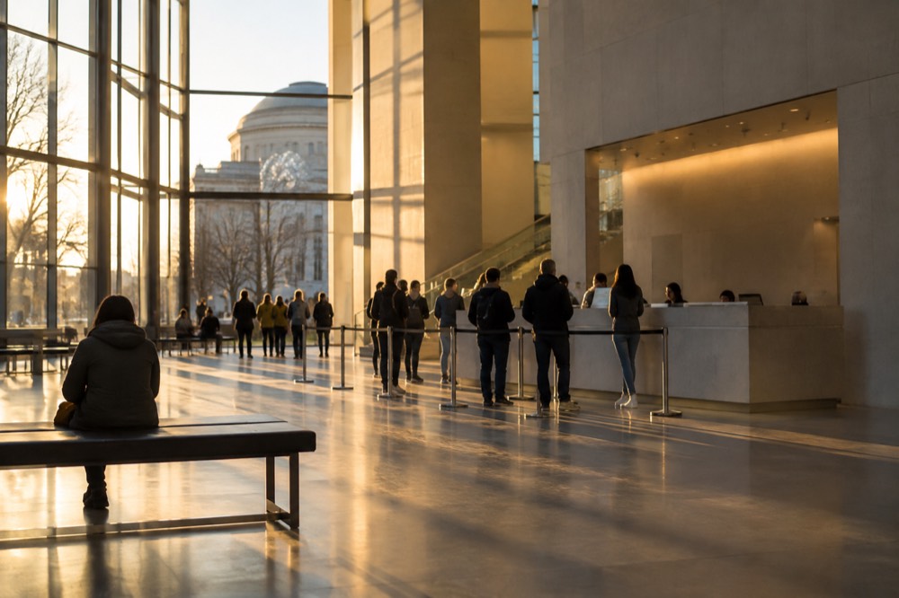 Museum lobby ticket desk with visitors waiting in a bright atrium