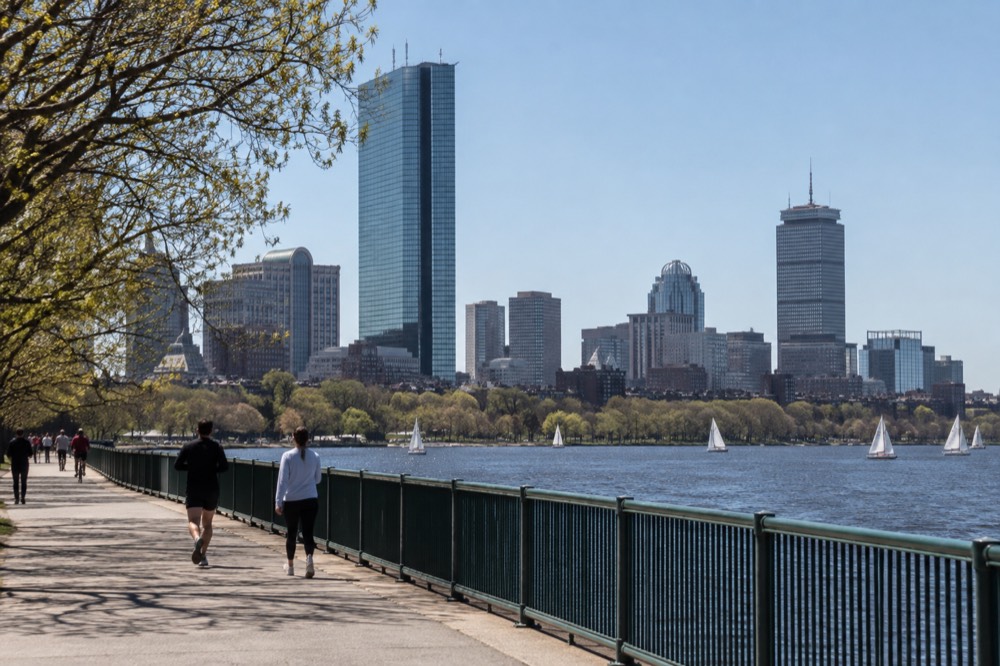 Visitors walking along the Charles River path with the Boston skyline beyond