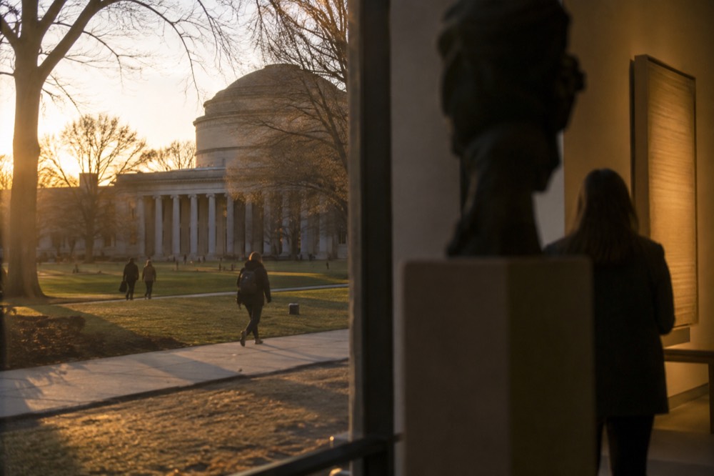 Museum gallery at dusk with illuminated exhibits and a few remaining visitors