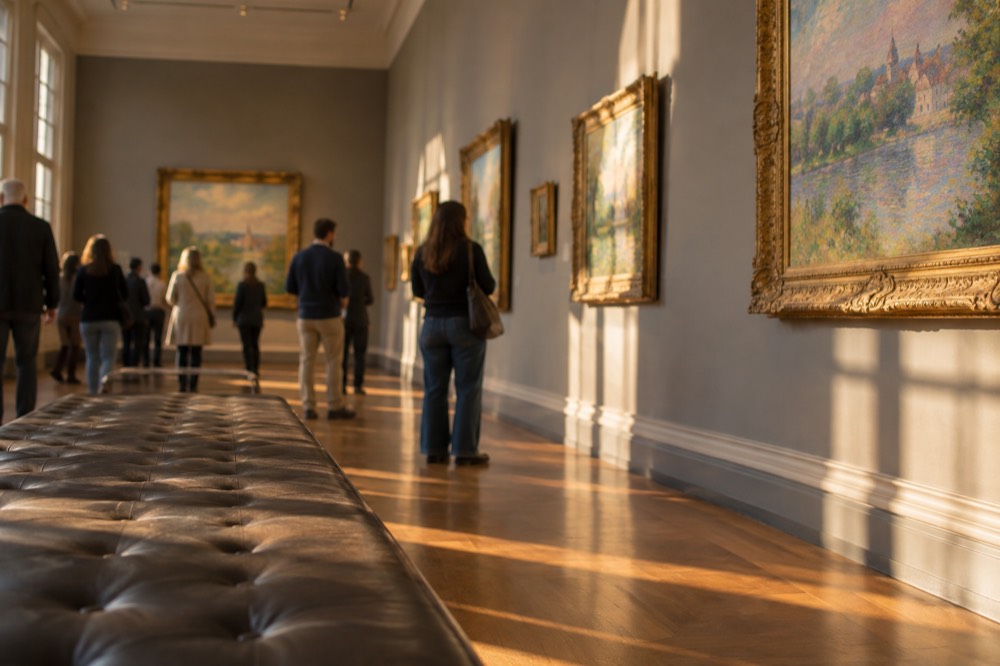 A crowd of visitors viewing impressionist paintings in a long gallery