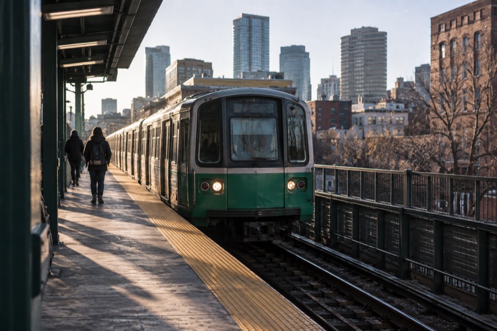 A green subway train arriving at an outdoor station platform