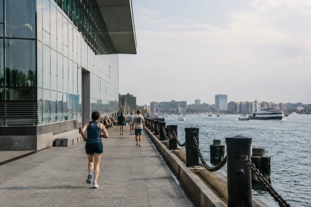The New England Aquarium's glass facade on Central Wharf with Boston Harbor behind it