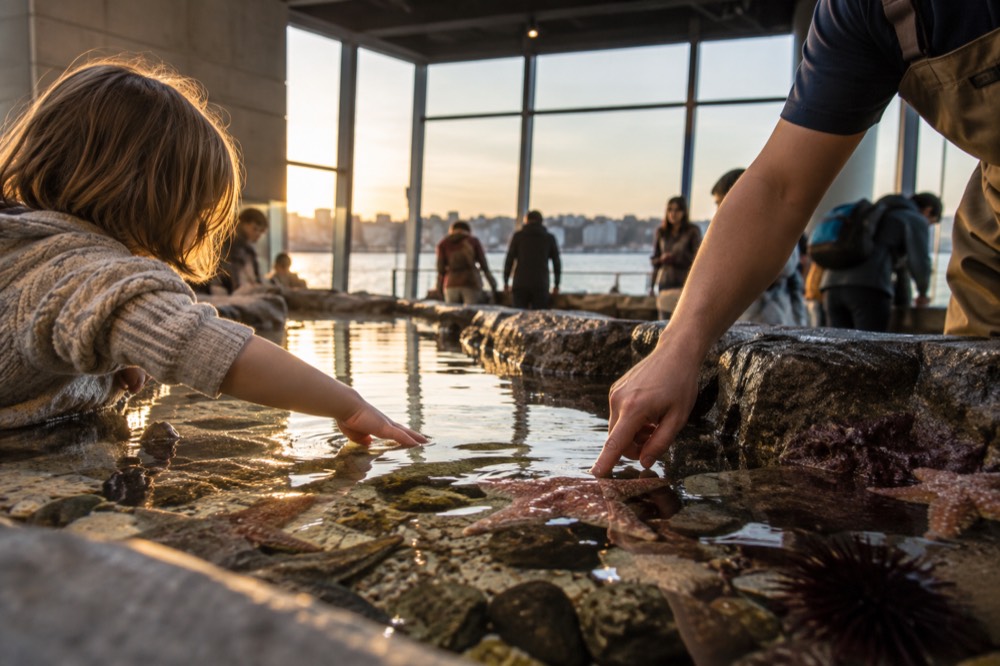 A child reaching toward a shallow touch tank while a staff member points out a sea star