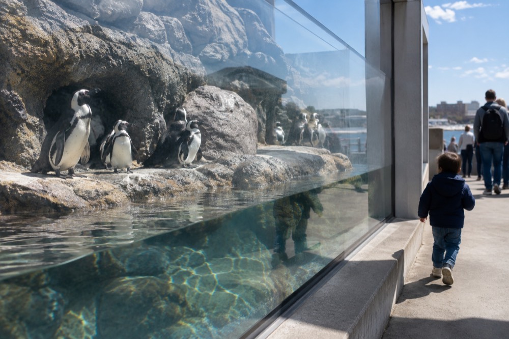 African penguins standing on a rocky ledge behind glass at eye level with visitors