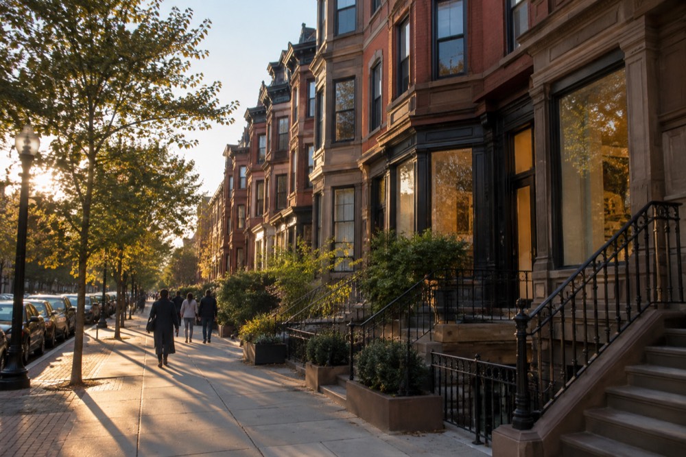 Pedestrians walking past storefronts in brick row houses on a sunny afternoon