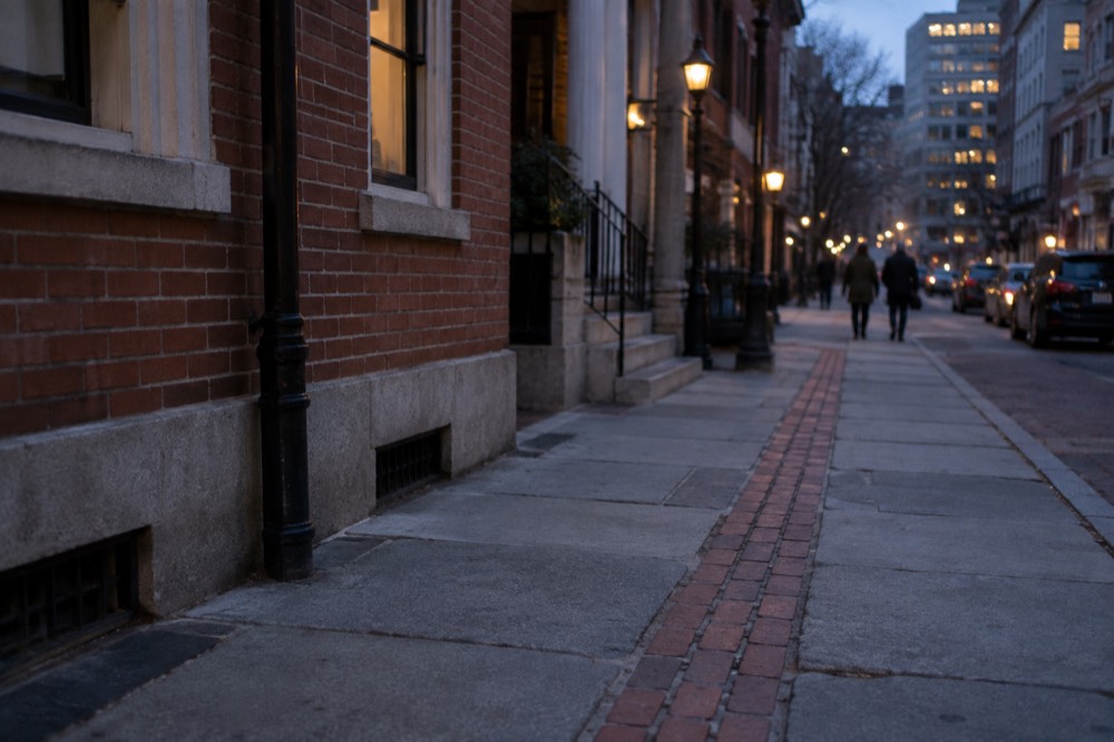 Red brick sidewalk marking the Freedom Trail route passing historic Boston buildings