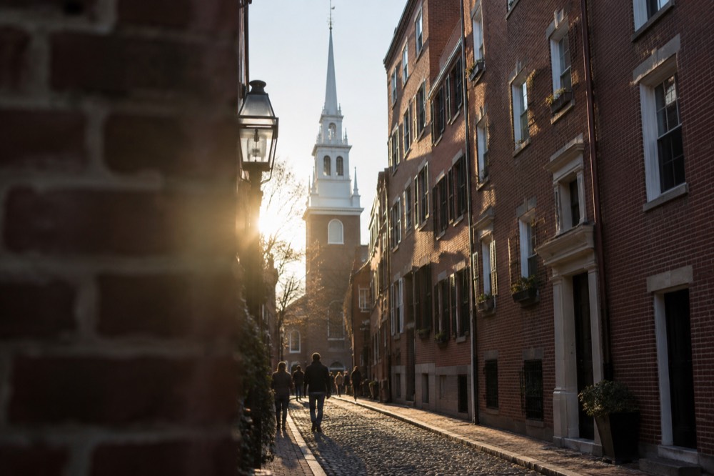 Tall white church steeple seen from a narrow brick street in the North End