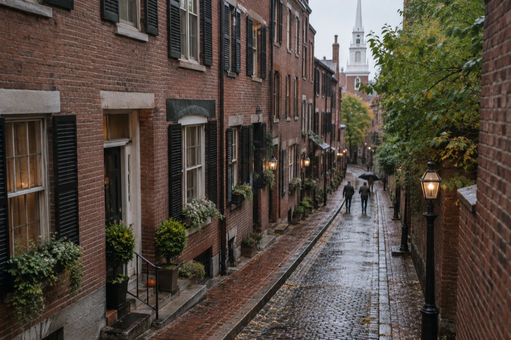 Row of historic brick rowhouses on a narrow North End street in Boston