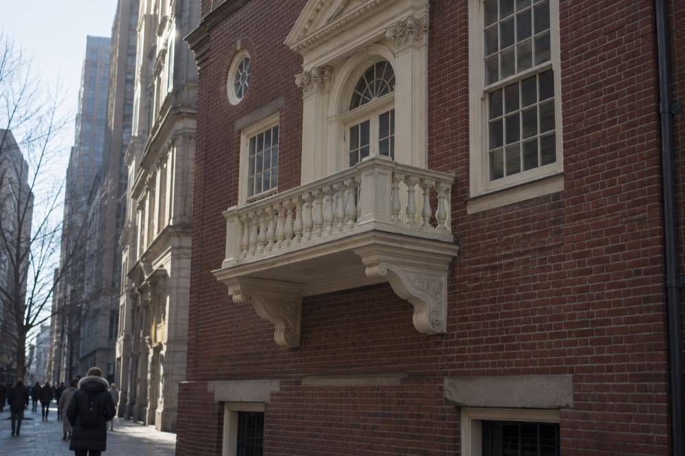 A close view of the Old State House balcony where the Declaration of Independence was read to Boston