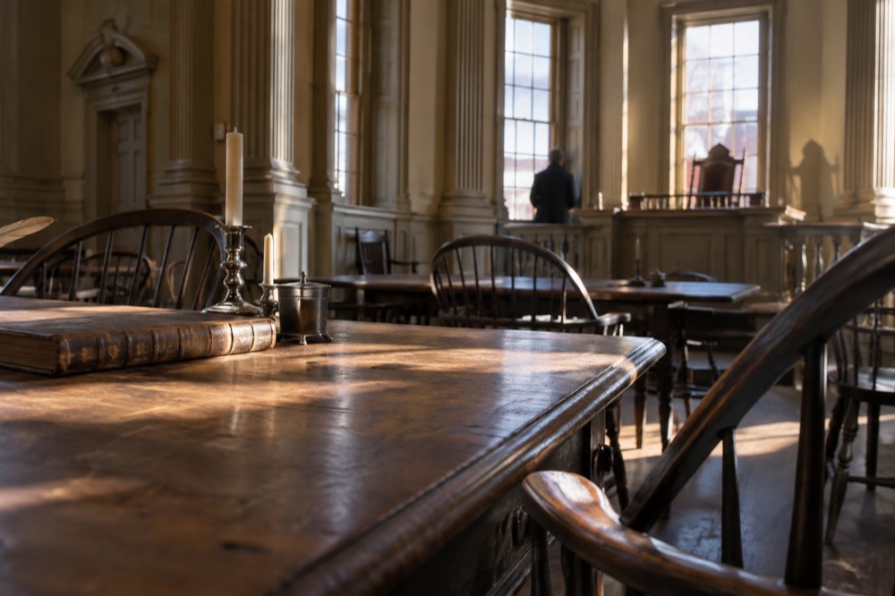 The restored Council Chamber inside the Old State House with period furniture and wood paneling