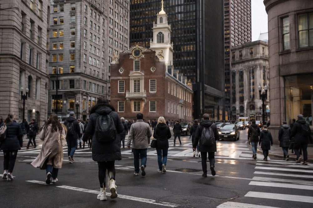 People crossing State Street in front of the Old State House on a busy afternoon