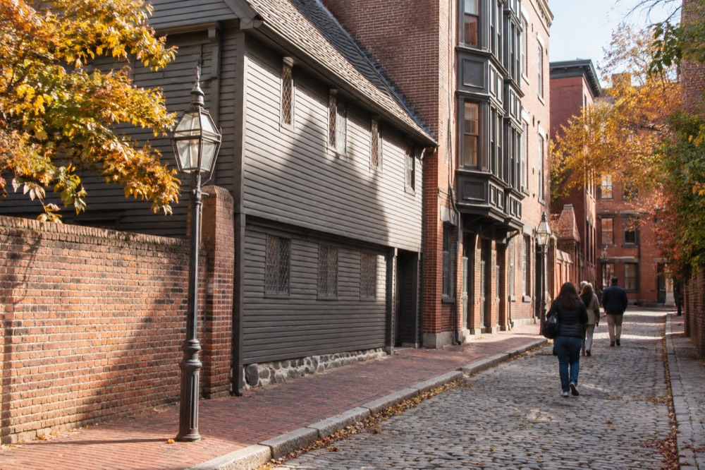 Autumn light on colonial brick buildings in Boston's North End