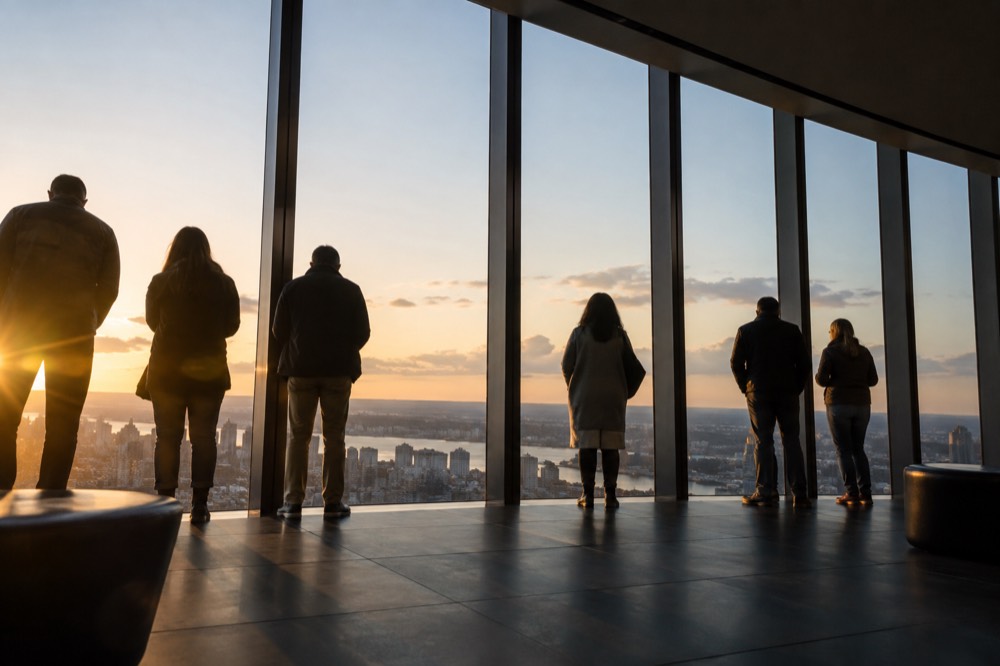 Observation deck visitors looking out through tall windows over the Boston skyline at dusk