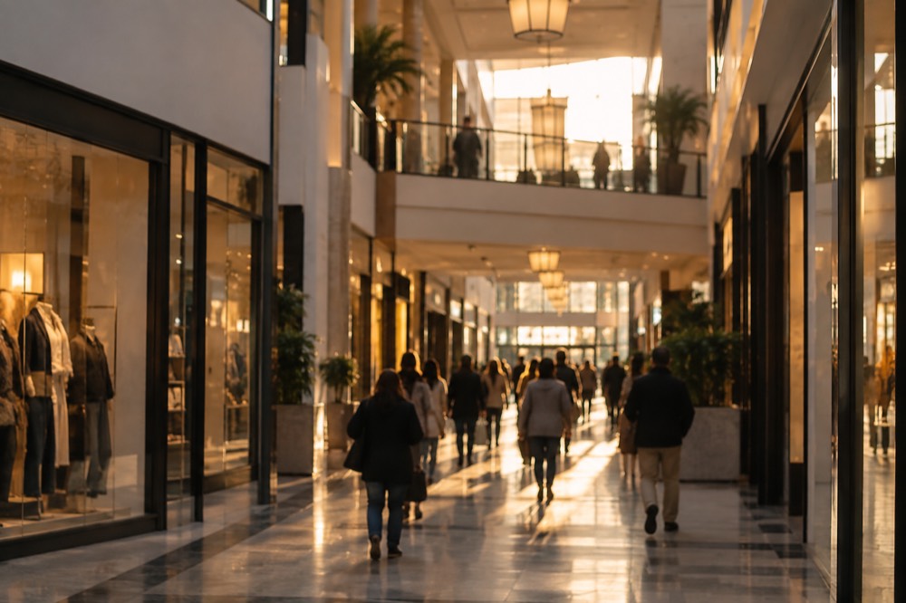 An indoor shopping arcade with storefronts and shoppers beneath the Prudential Center tower