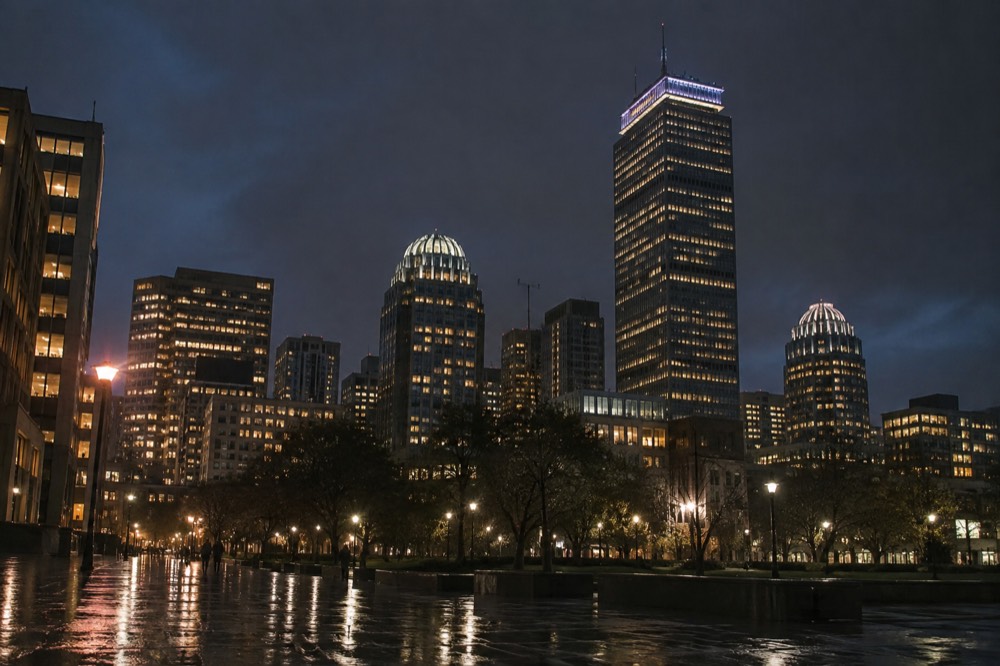 The Boston skyline at night with the Prudential Center tower lit among the buildings