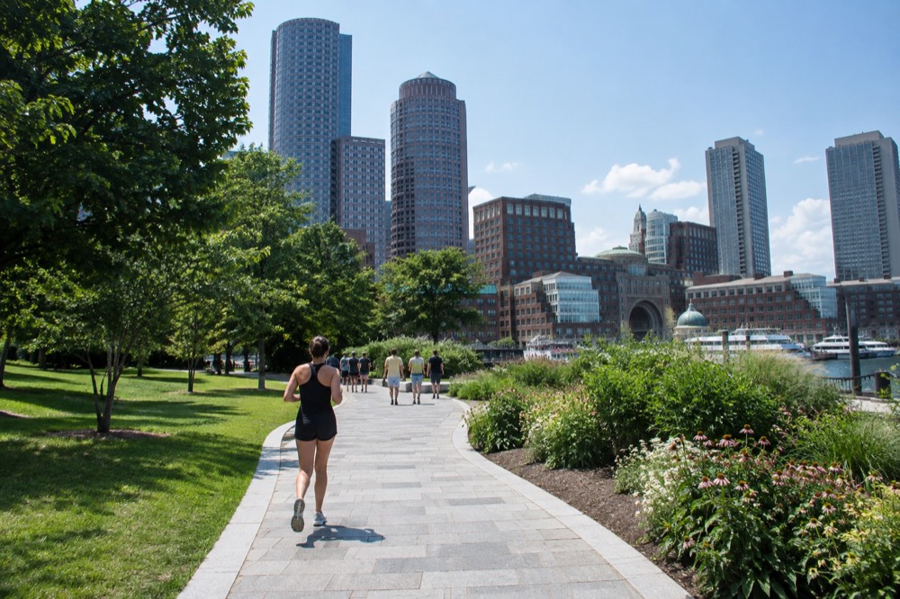 A stone park path curving between lawn and flower beds with tall buildings on the horizon