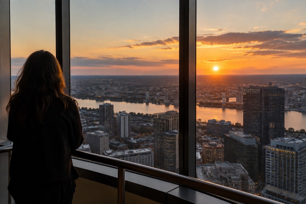 Sunset light on the Boston skyline seen from above, with the Charles River catching the last color