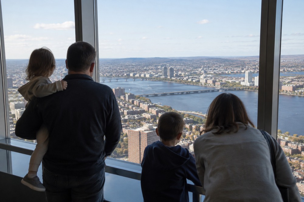 Family looking out through a tall observation deck window toward the Charles River basin