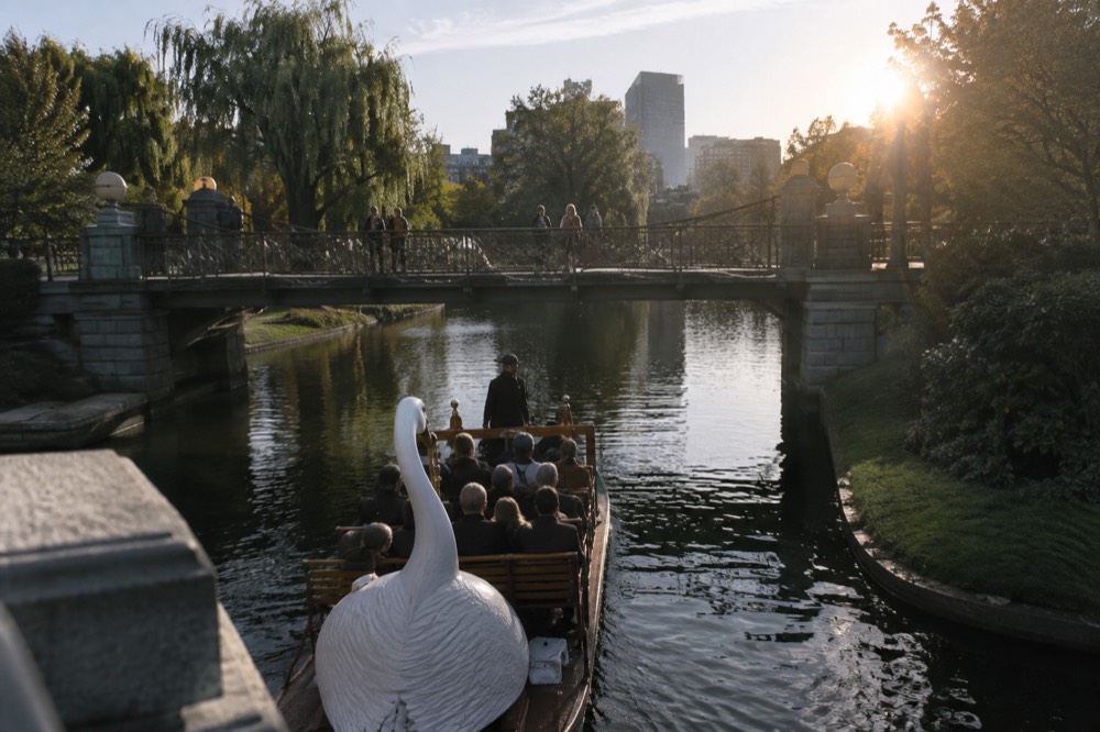 Passengers seated in a white swan boat as it passes under a small iron footbridge in the Public Garden