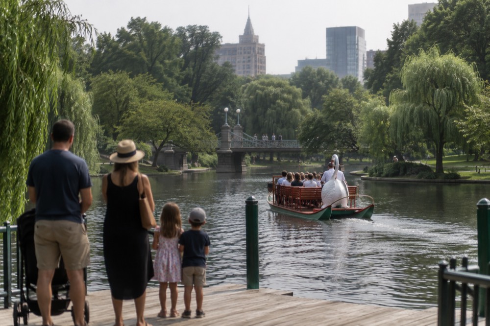 A family with young children waiting at a wooden dock as a swan boat approaches