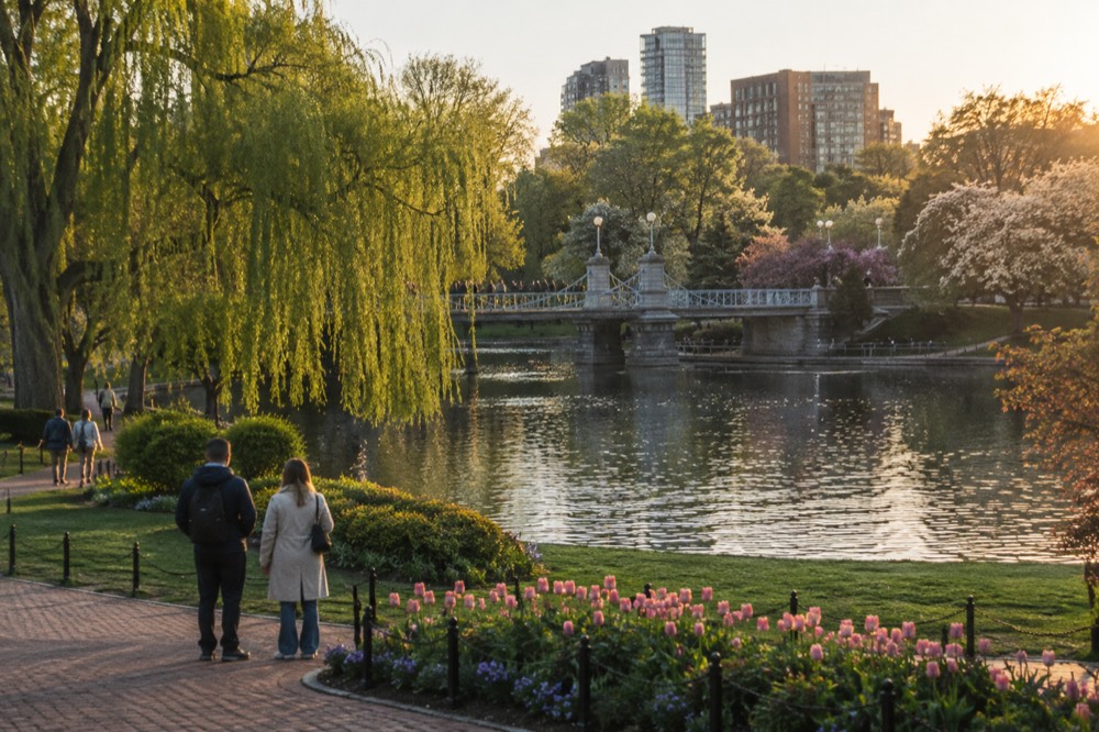 Visitors pausing beside a brick path in the Public Garden on a bright spring morning