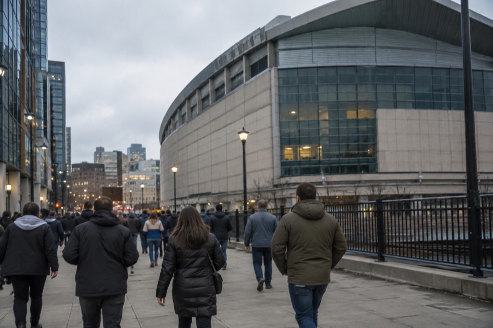 Crowds walking along Causeway Street outside TD Garden before an event