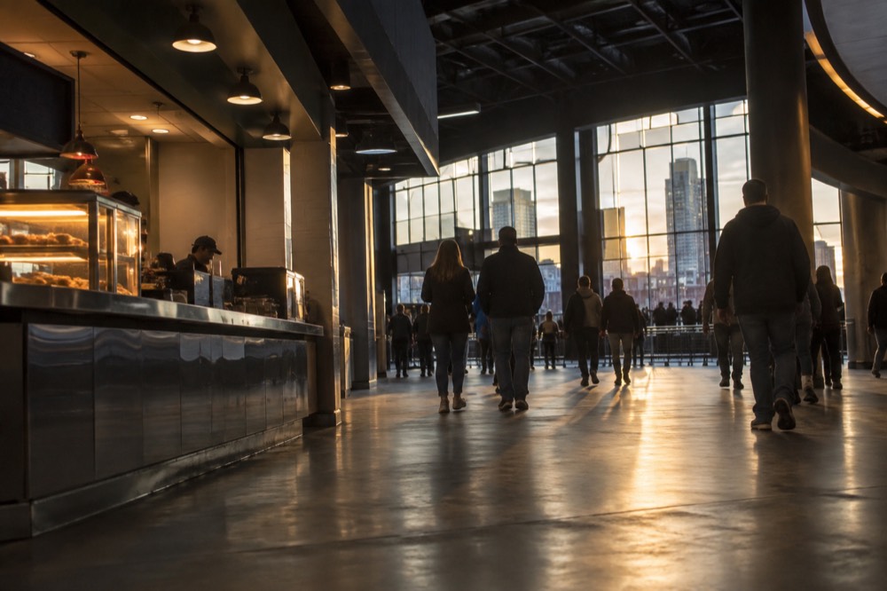 The indoor concourse of a large arena with concession stands and signage