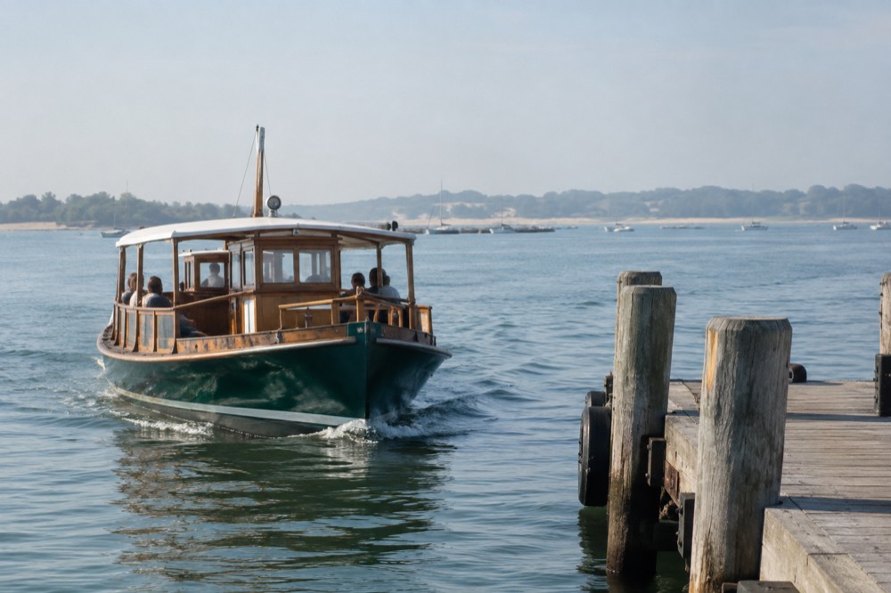 A wooden ferry approaching a dock in Boston harbor on a clear morning