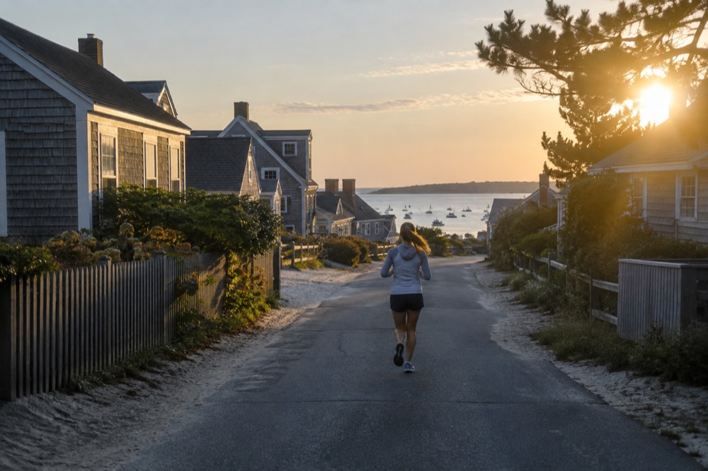 A narrow road lined with low Cape Cod style cottages and weathered shingle fences