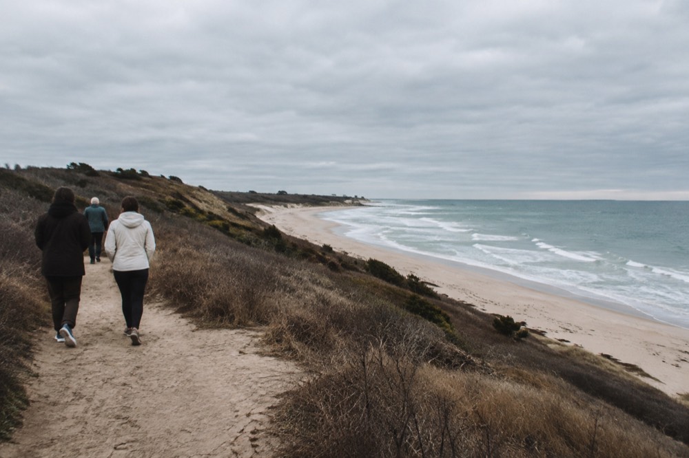 A small group of visitors walking along a coastal path above a sandy shoreline