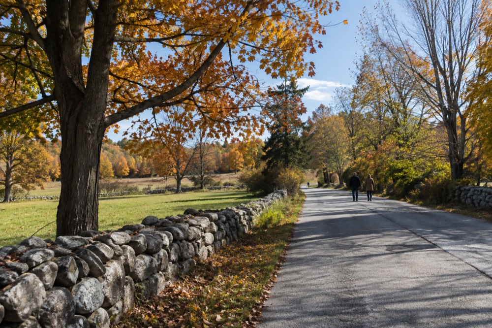 A country road lined with stone walls and open fields in autumn