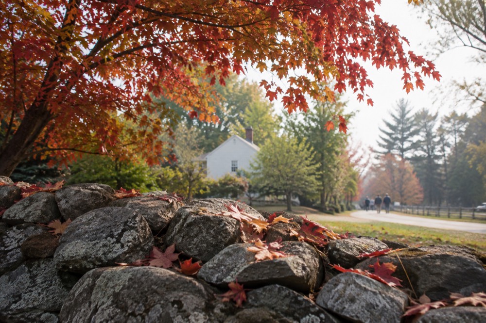 Red and orange maple leaves over a colonial-era stone wall