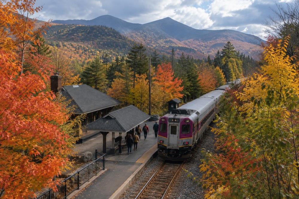 An MBTA commuter rail train at a station surrounded by autumn trees