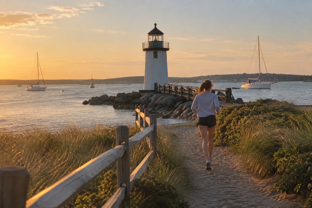 A lighthouse at a harbor mouth with sailboats on calm blue water